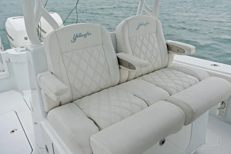 Slide: The Image of Luxurious seating on 2021 Yellowfin 36 Offshore boat with diamond-stitched upholstery. - 27