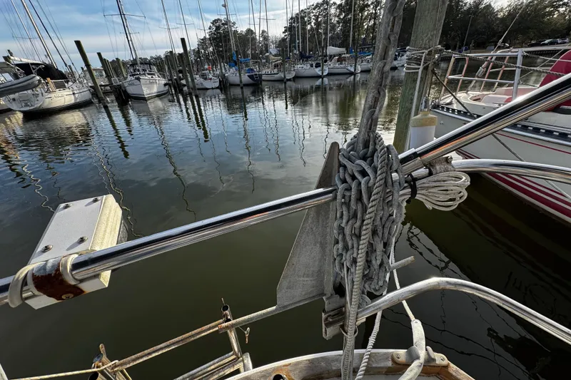 Slide: The Image of Sailboats docked at marina, view from 1977 Bristol 29.9 sailboat deck. - 14