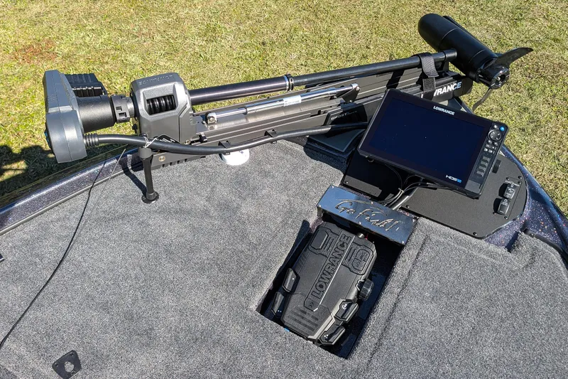 Slide: The Image of Falcon F20 PREDATOR 2026 boat deck with Lowrance electronics and trolling motor. - 16