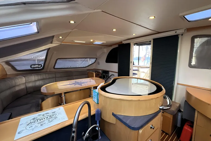 Slide: The Image of Luxurious interior of 2011 Privilege 495 yacht with modern seating and elegant design. - 68