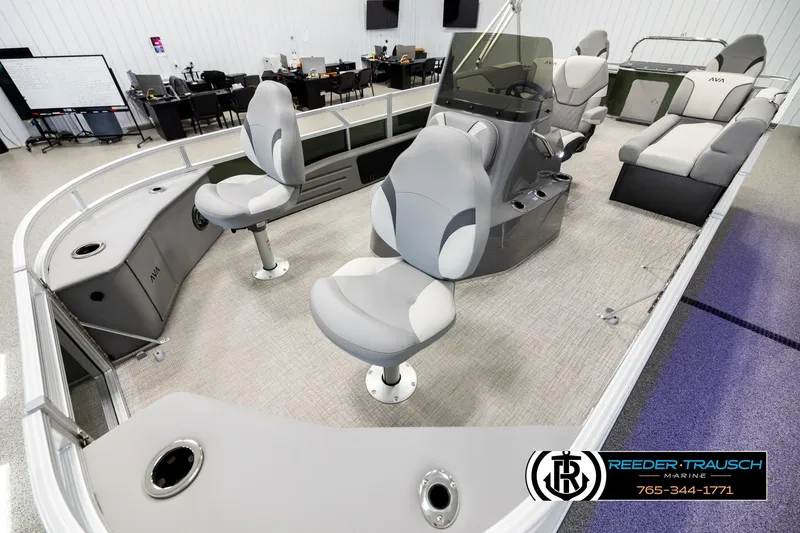 Slide: The Image of Avalon VEN85 CCF 2026 pontoon boat interior with modern seating and helm. - 10