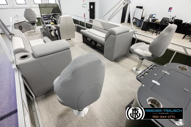 Slide: The Image of Interior of 2026 Avalon VEN85 CCF pontoon boat with modern seating and control console. - 11