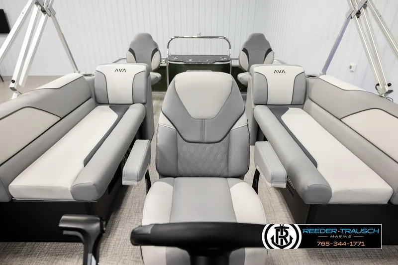 Slide: The Image of 2026 Avalon VEN85 CCF boat interior with luxurious gray seating and modern design. - 14