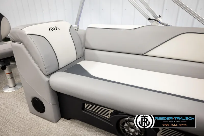 Slide: The Image of 2026 Avalon VEN85 CCF boat interior with gray and white seating, featuring modern design elements. - 19