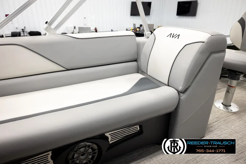 Slide: The Image of Luxurious seating in 2026 Avalon VEN85 CCF boat, featuring sleek gray and white upholstery. - 21