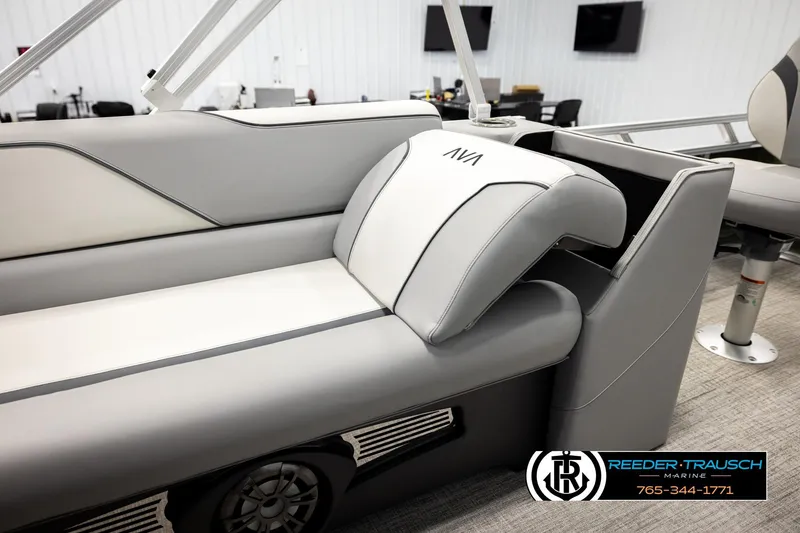 Slide: The Image of Luxurious interior of 2026 Avalon VEN85 CCF boat with sleek gray and white seating. - 22