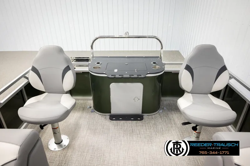 Slide: The Image of Interior of 2026 Avalon VEN85 CCF boat with two gray seats and a central console. - 24