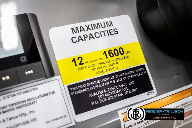 Slide: The Image of Capacity label for Avalon VEN85 CCF 2026, 12 persons or 1600 lbs, safety compliance. - 52