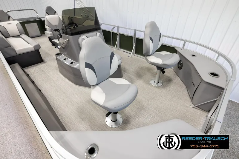 Slide: The Image of 2026 Avalon VEN85 CCF boat interior with modern seating and steering console. - 9