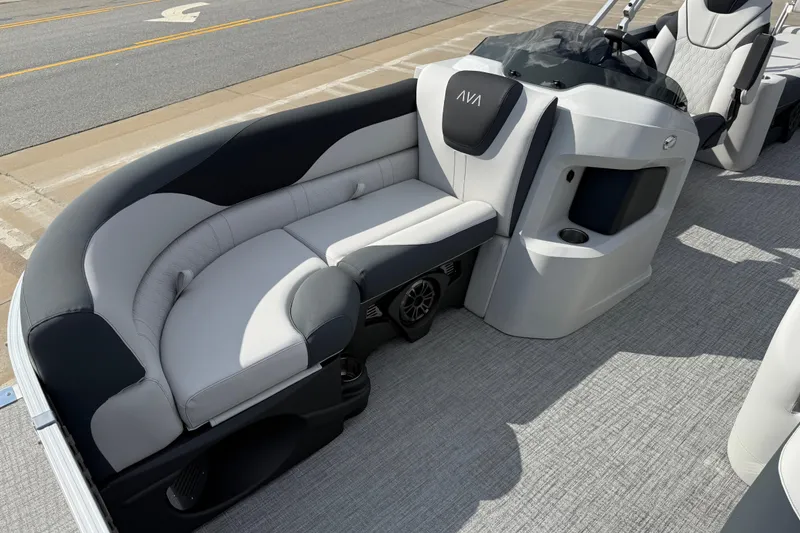 Slide: The Image of 2026 Avalon LSZ Quad Lounge Shift boat interior with sleek seating and modern design. - 11