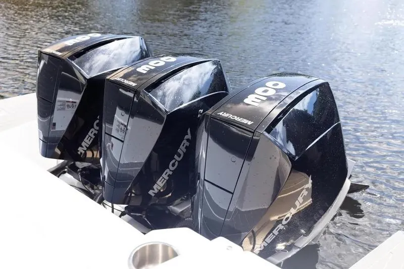 Slide: The Image of Triple Mercury outboard engines on a 2021 Cruisers Yachts 38 GLS OB. - 10