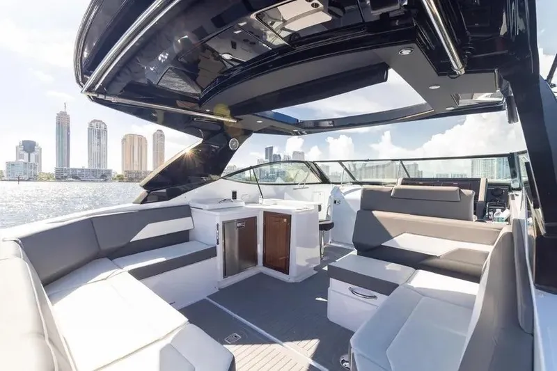 Slide: The Image of 2021 Cruisers Yachts 38 GLS OB interior with city skyline view. - 20