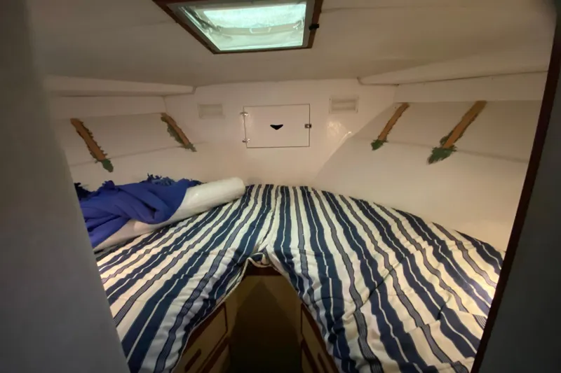 Slide: The Image of 1977 Bertram 42 Flybridge Motor Yacht cabin with striped bedding and overhead hatch. - 19