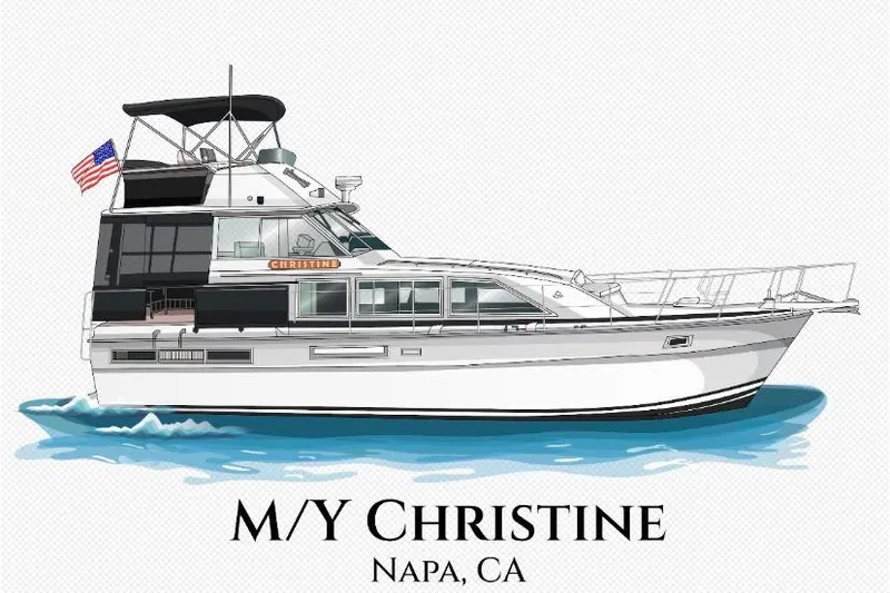 Slide: The Image of 1977 Bertram 42 Flybridge Motor Yacht, M/Y Christine, Napa, CA, with American flag. - 26