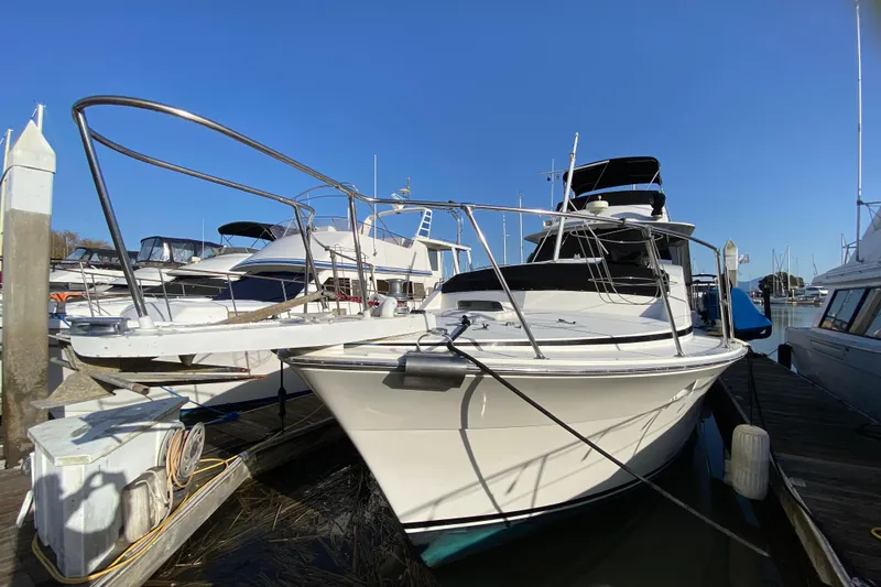 Slide: The Image of 1977 Bertram 42 Flybridge Motor Yacht docked at marina under clear blue sky. - 8