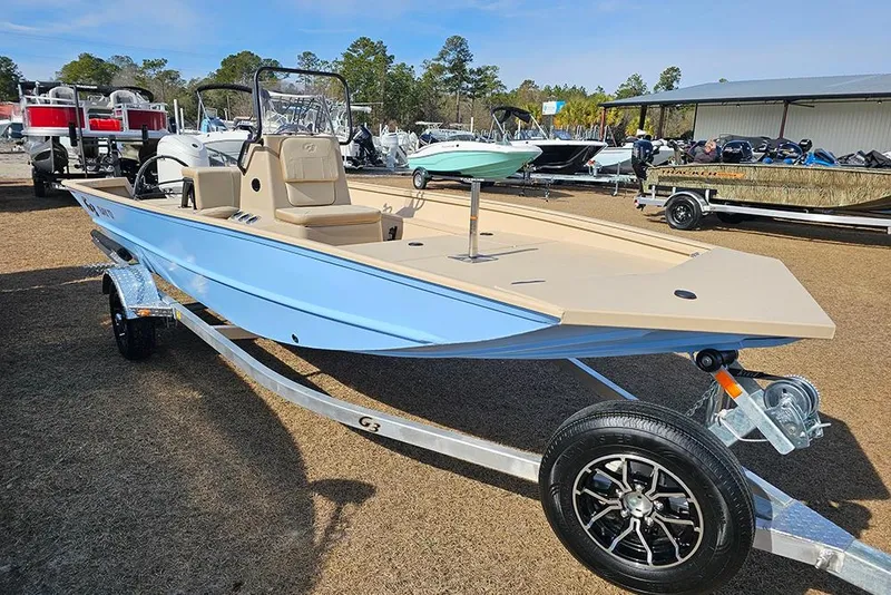 Slide: The Image of 2026 G3 Bay 17 boat on trailer, displayed outdoors with other boats. - 5
