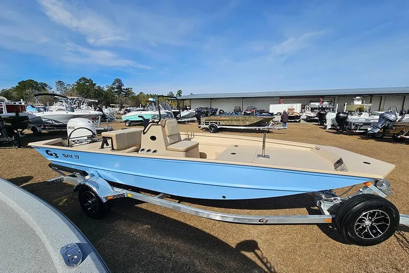 Slide: The Image of 2026 G3 Bay 17 boat in light blue on a trailer, displayed outdoors. - 6