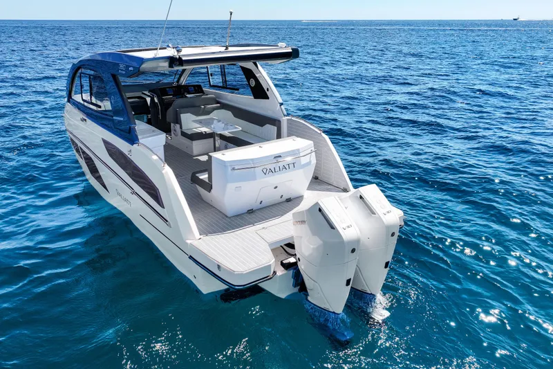 Slide: The Image of 2025 VALIATT YACHTS 380 Bowrider on open sea, showcasing luxury design and powerful engines. - 17