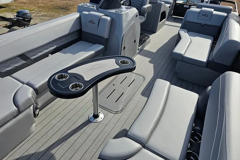 Slide: The Image of 2026 SunCatcher Fusion 324SS boat interior with luxurious seating and modern design. - 9