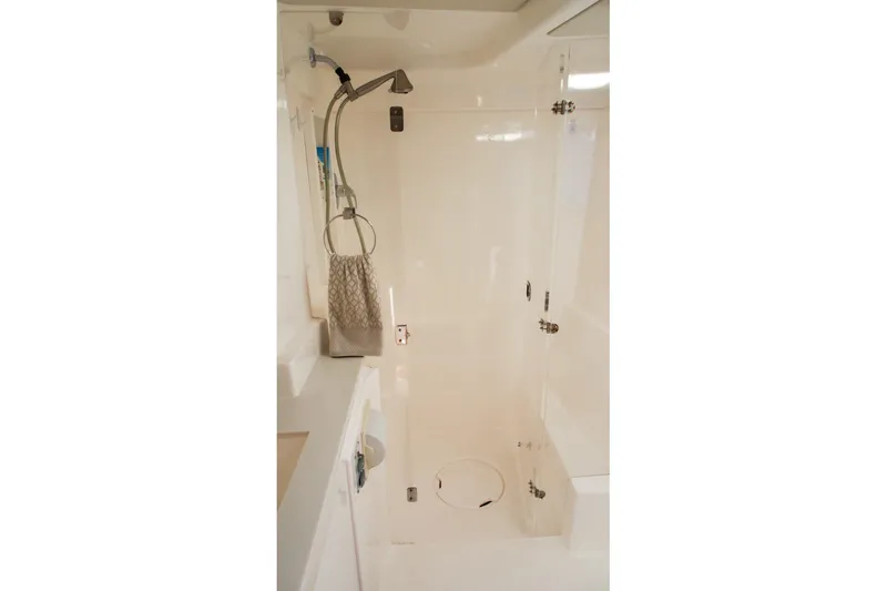 Slide: The Image of Shower area in 2015 Leopard 48 yacht, featuring modern fixtures and sleek design. - 40