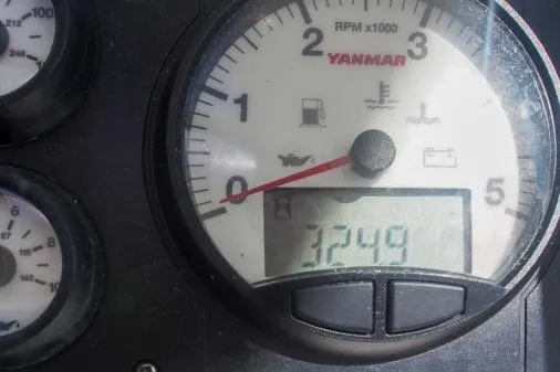 Slide: The Image of Yanmar engine gauge on Leopard 48, 2015 model, showing 3249 RPM. - 80