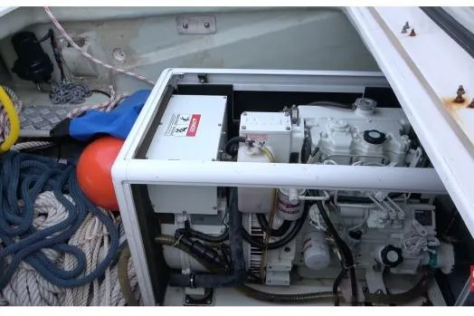 Slide: The Image of Engine compartment of a 2015 Leopard 48 yacht with ropes and equipment. - 84