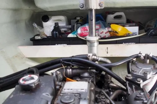 Slide: The Image of Engine compartment of a 2015 Leopard 48 yacht with tools and supplies. - 93