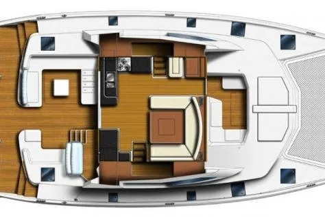 Slide: The Image of Floor plan of a 2015 Leopard 48 yacht, featuring spacious interior layout. - 97