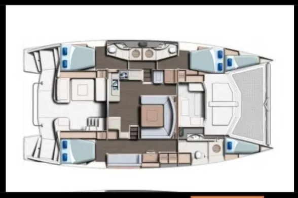 Slide: The Image of Floor plan of a 2015 Leopard 48 catamaran, showcasing interior layout and cabin arrangement. - 98