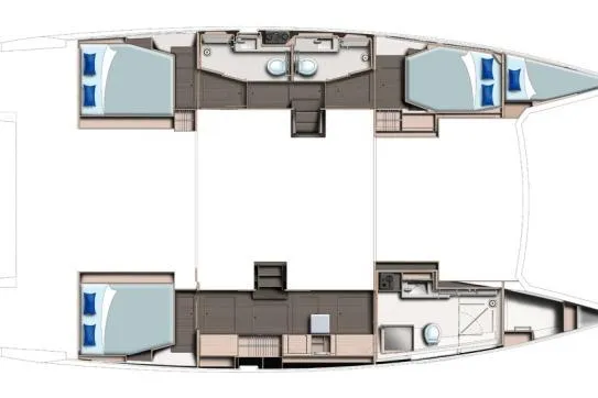 Slide: The Image of Floor plan of a 2015 Leopard 48 yacht, featuring cabins and bathrooms. - 99