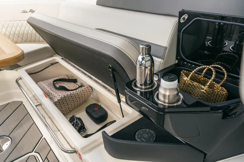 Slide: The Image of Interior of the Sea Ray SLX 360 Outboard with storage and accessories. - 20