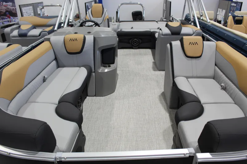 Slide: The Image of 2026 Avalon 2385 25 LSZ VRB pontoon boat interior with luxurious seating and modern design. - 2