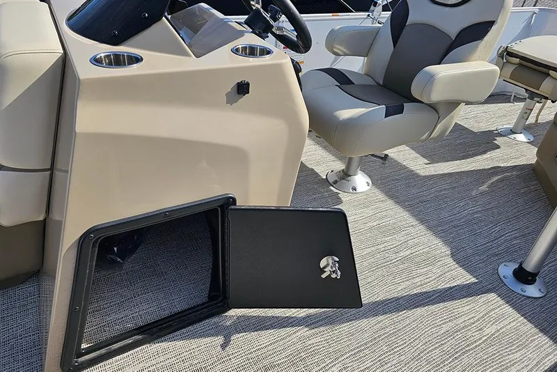 Slide: The Image of Interior of 2026 SunCatcher Select 22RF boat with seating and storage compartment. - 19