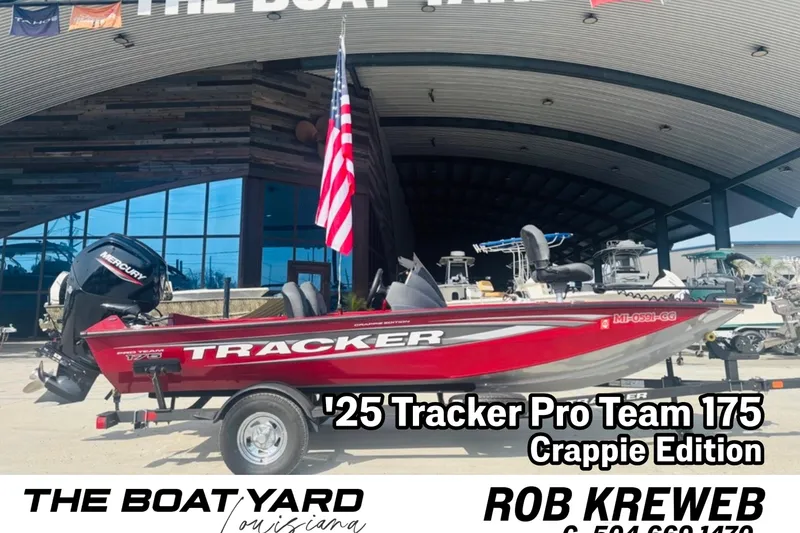 The Image of 2025 Tracker Pro Team 175 Crappie Edition boat displayed at dealership. - 1