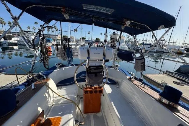 Slide: The Image of Cockpit view of 1986 Fairweather Mariner 39 sailboat docked in marina. - 19