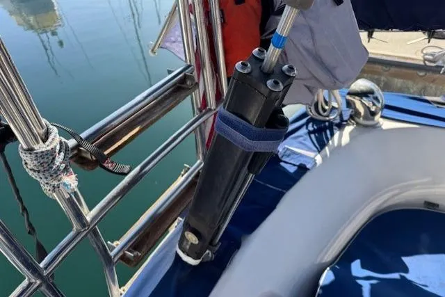 Slide: The Image of Close-up of 1986 Fairweather Mariner 39 sailboat deck with rigging and equipment. - 24