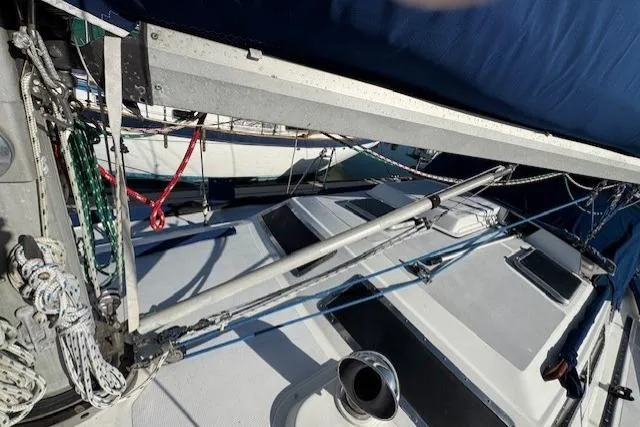 Slide: The Image of Deck view of 1986 Fairweather Mariner 39 sailboat with rigging and equipment. - 34