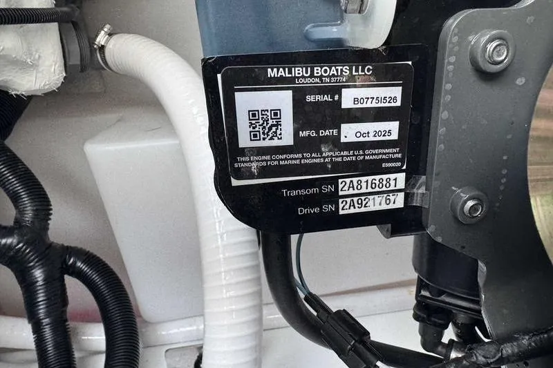 Slide: The Image of Label on Malibu Boats engine, serial B07751526, manufactured October 2025. Cobalt R8 Surf 2026. - 17