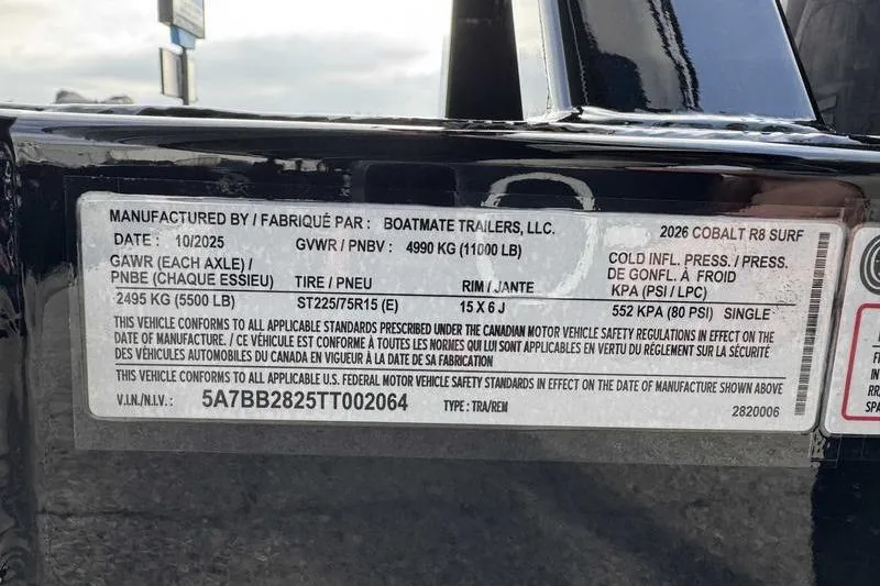 Slide: The Image of Label on 2026 Cobalt R8 Surf trailer detailing specifications and compliance information. - 3