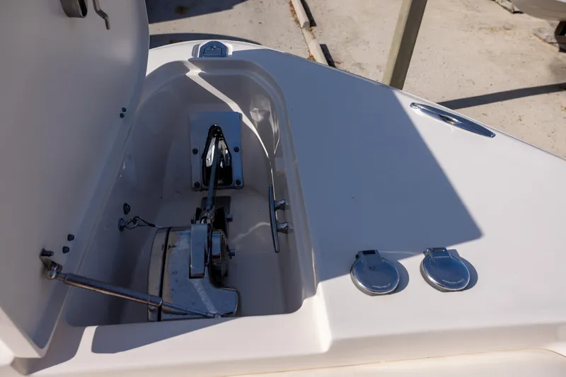 Slide: The Image of 2022 Grady-White Canyon 376 anchor compartment with stainless steel fittings. - 23
