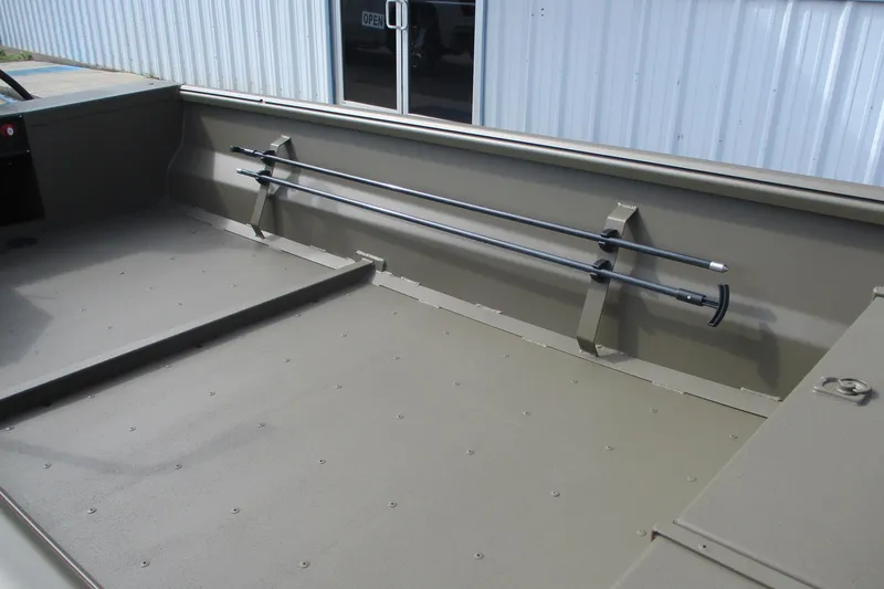 Slide: The Image of 2026 Gator Tail 1748 GATOR boat interior with rod holders and spacious deck. - 7