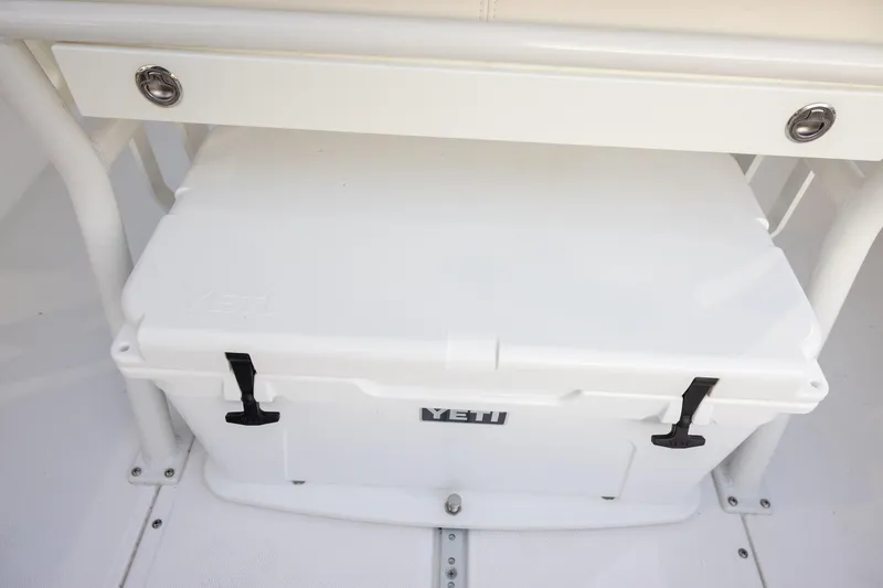 Slide: The Image of White Yeti cooler on 2023 Everglades 243 Center Console boat deck. - 15