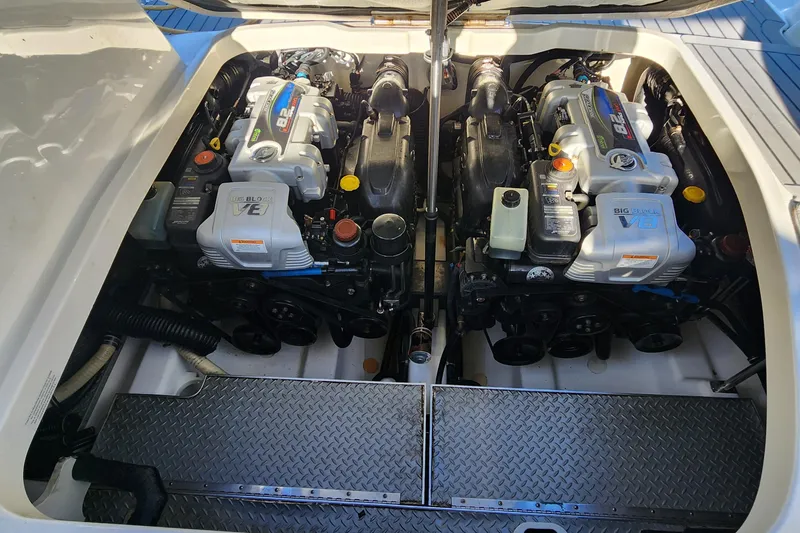 Slide: The Image of Engine compartment of a 2017 Formula 370 Super Sport boat, featuring dual V8 engines. - 72
