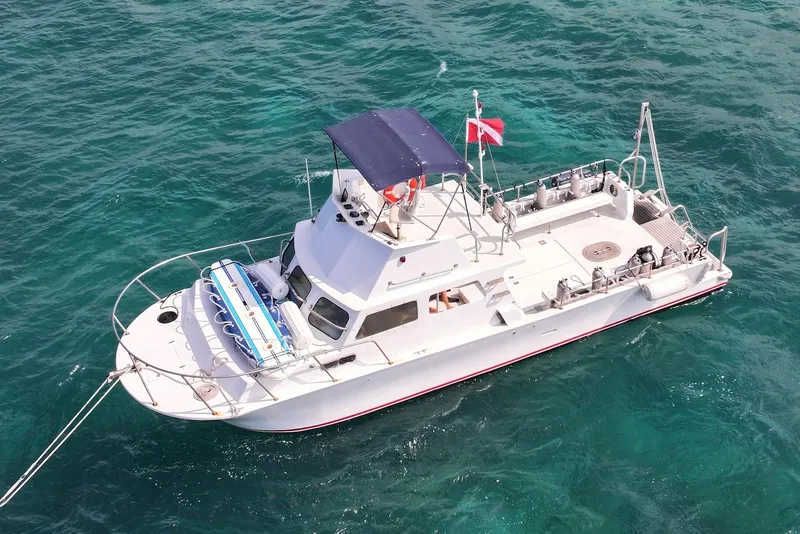 The Image of Custom 1988 36 Hawaiian Lightning Radon boat on clear ocean water. - 1