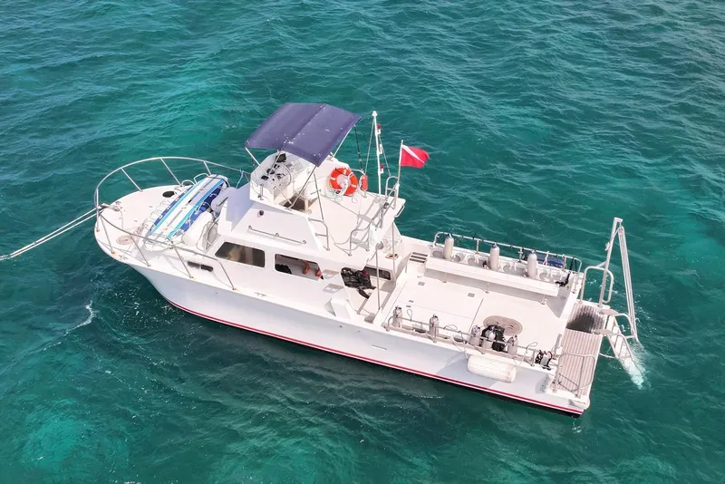 Slide: The Image of Custom 1988 36 Hawaiian Lightning Radon boat on clear turquoise water. - 3