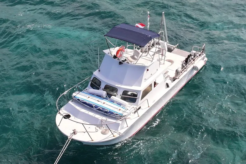 Slide: The Image of Aerial view of 1988 Custom 36 Hawaiian Lightning Radon boat on clear ocean water. - 5