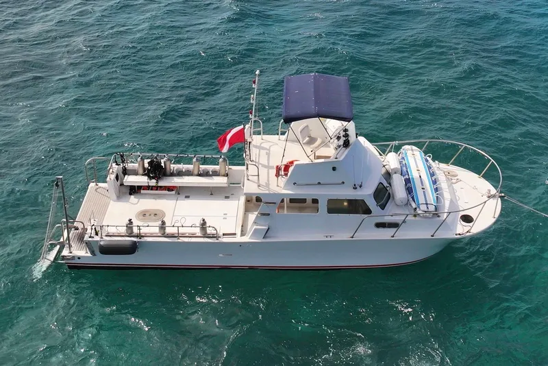 Slide: The Image of 1988 Custom 36 Hawaiian Lightning Radon boat on clear blue ocean water. - 8