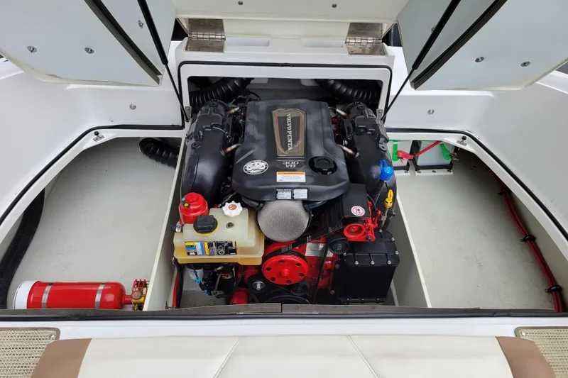 Slide: The Image of Engine compartment of a 2016 Cobalt CS3 boat, featuring a Volvo Penta V8 engine. - 22