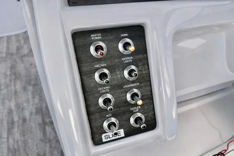 Slide: The Image of Control panel of a 2019 Crest 250 LUSD boat with various switches. - 17