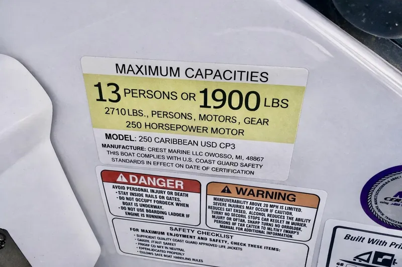 Slide: The Image of 2019 Crest 250 LUSD capacity label: 13 persons, 1900 lbs, 250 horsepower motor. - 22